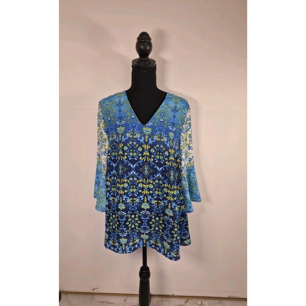 Tacera Women's Blouse Size S Blue Yellow Floral Arabesque Bell Sleeve Tunic